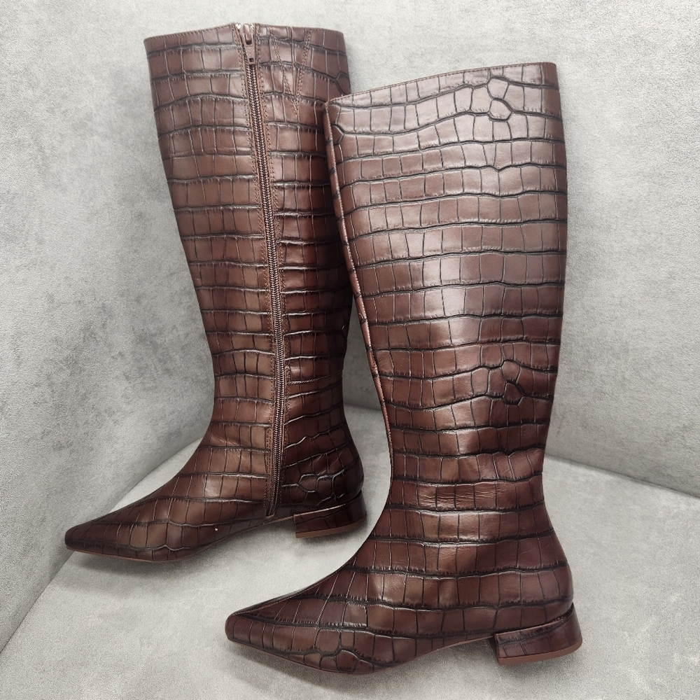 Gianni Bini Knee High Boots 7 Brown Croc Embossed Leather Sherri Tall New $180